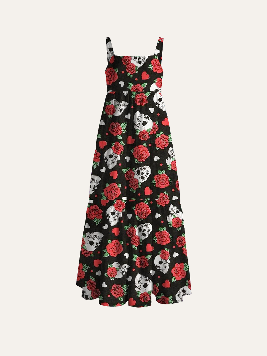 Gothic Skull And Rose Adjustable Wide Straps Maxi Dress