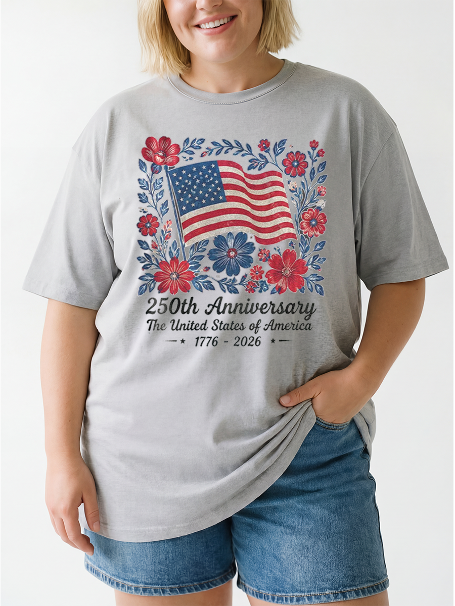 Vintage 4Th July 250Th Year Floral Usa Flag Oversize Graphic Tee
