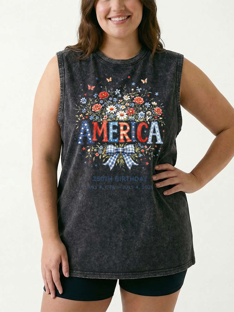 Vintage 4Th Of July 2026 Patriotic Floral Washed Tank