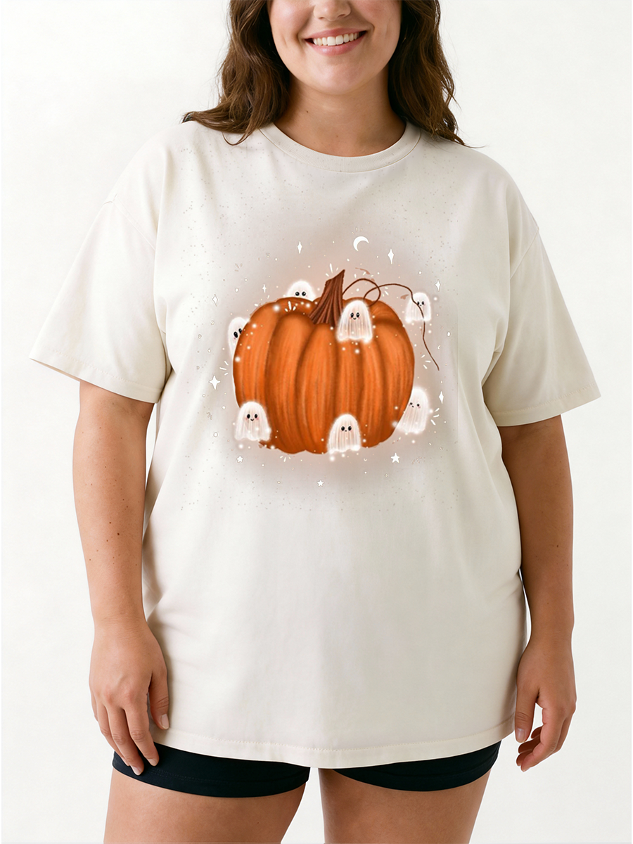Vintage Cute Ghosts And Pumpkin Oversize Graphic Tee