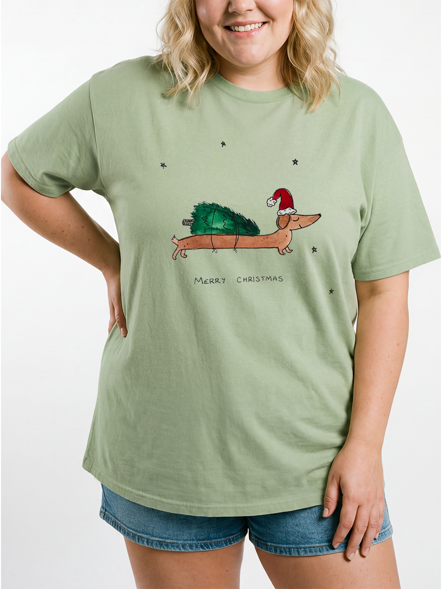 Vintage Chritmas Duchshund Oversize Graphic Tee