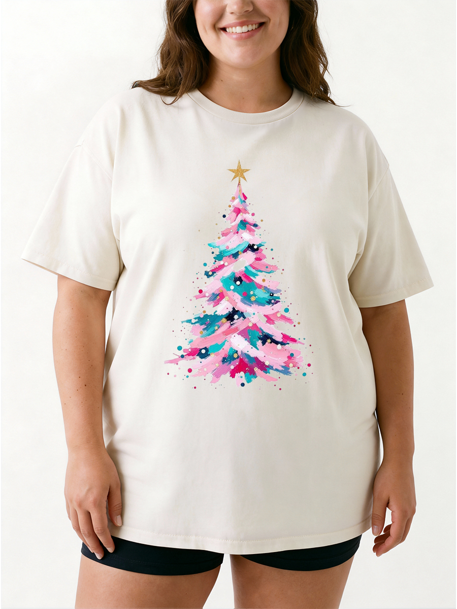 Vintage Watercolor Christmas Tree Oversize Graphic Tee