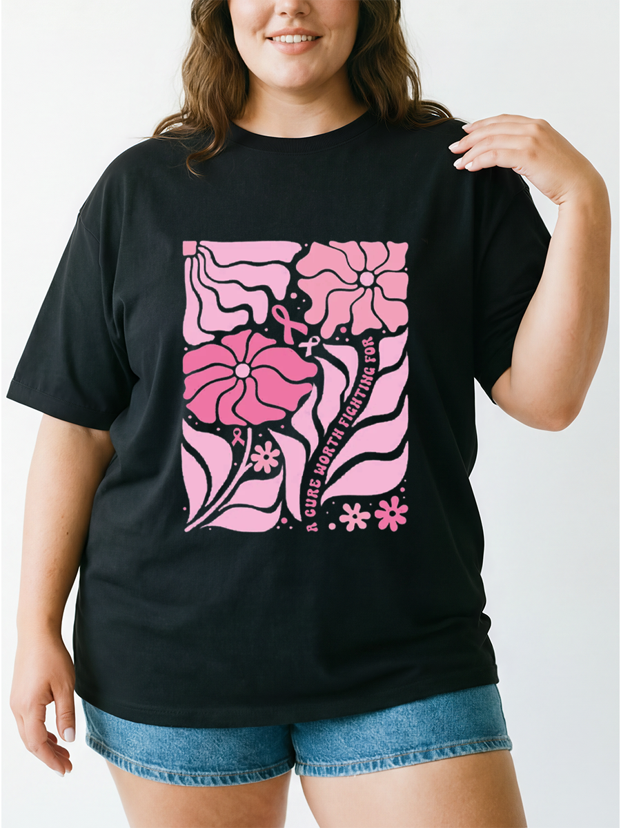 Vintage Boho Floral Breast Cancer Awareness Oversize Graphic Tee