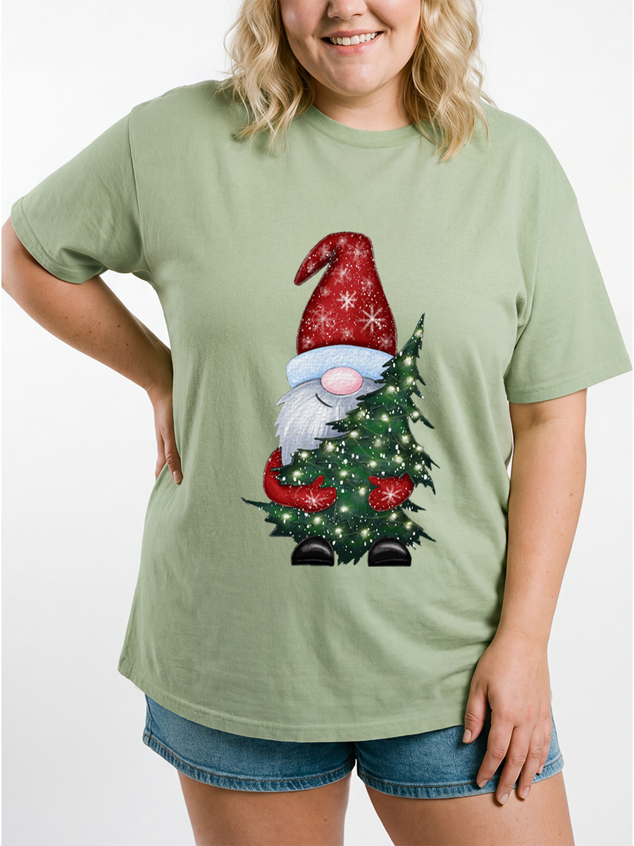 Vintage Chritmas Gnome With Tree Oversize Graphic Tee