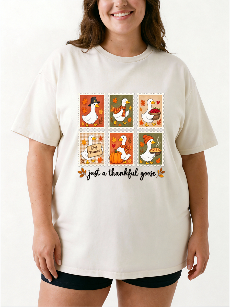 Vintage Thankful Goose With Cute Fall Stamp Design Oversize Graphic Tee