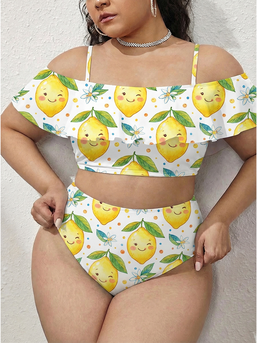 Vintage Cute Smiling Lemons Two Piece Ruffled Tankini Swimsuit