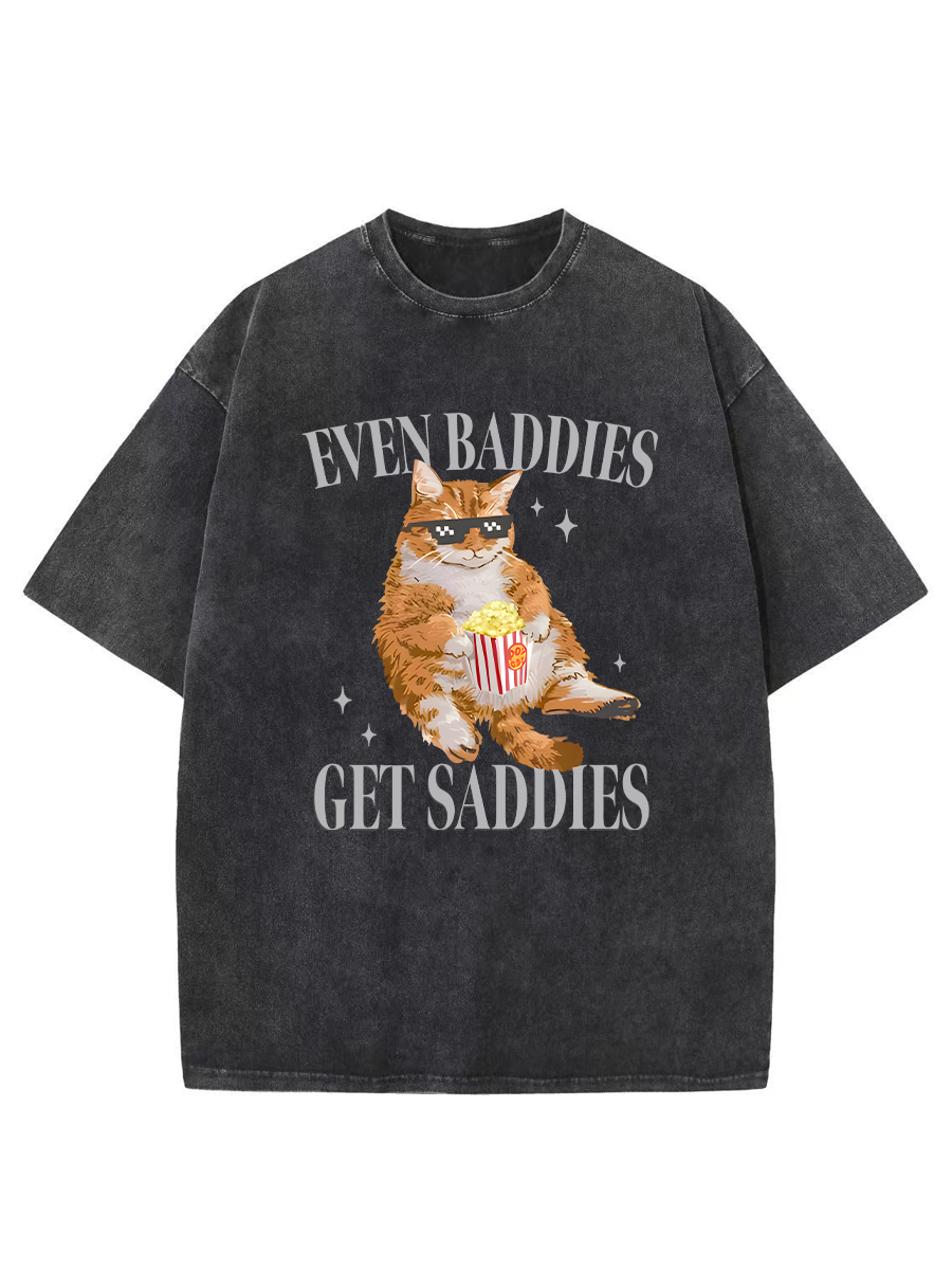 Vintage Cat Even Baddies Get Saddies Washed T-Shirt