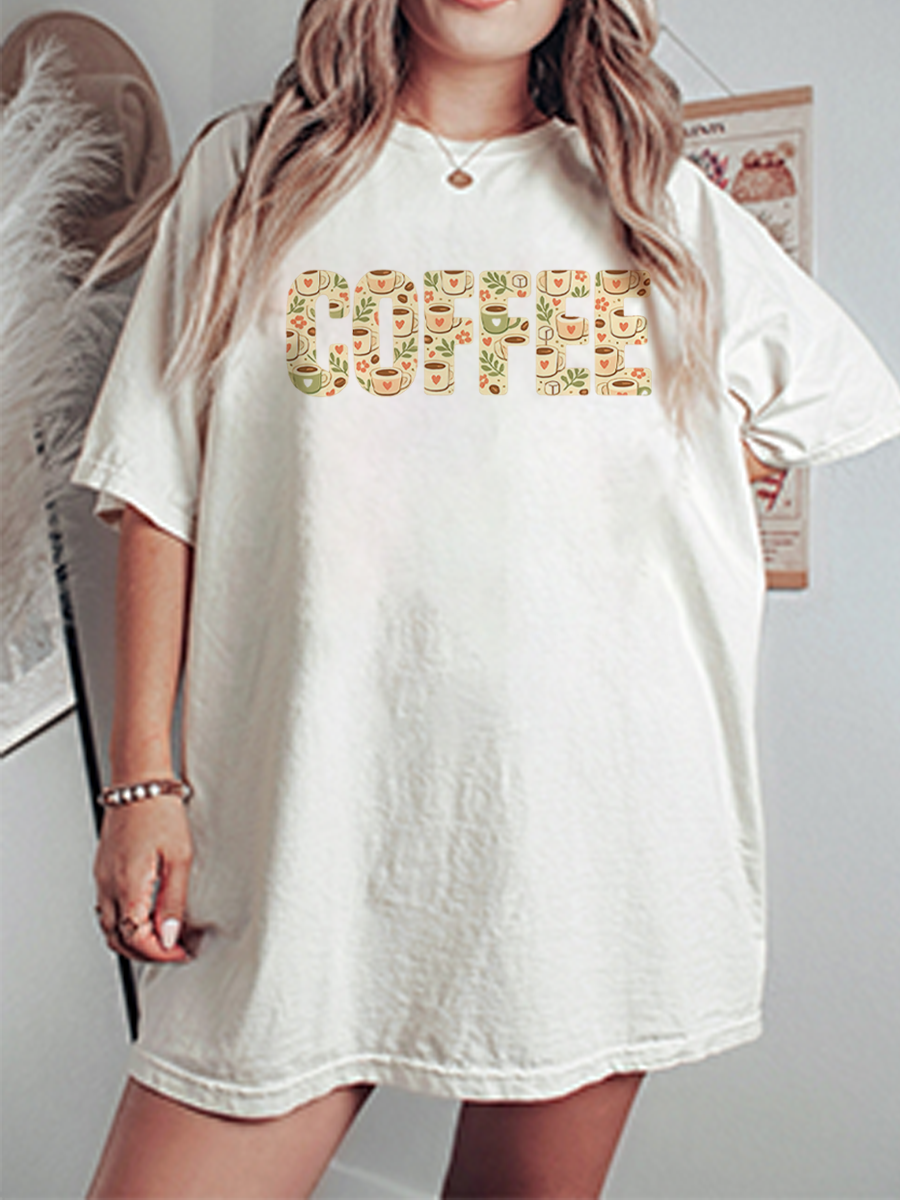 Vintage Floral Coffee Design Oversize Graphic Tee