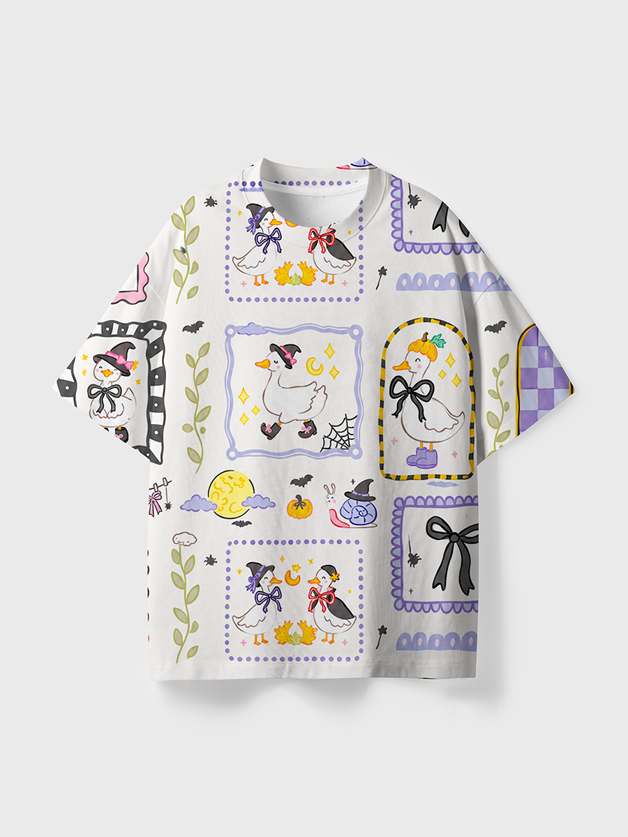 Vintage Sticker Frame Duck Halloween Patchwork All Over Print T-Shirt