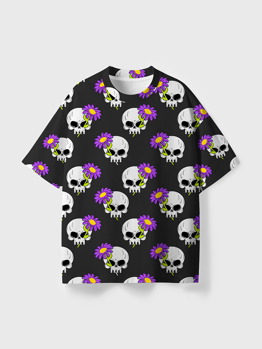 Vintage Minimal Gothic Grunge Floral Line Art All Over Print T-Shirt