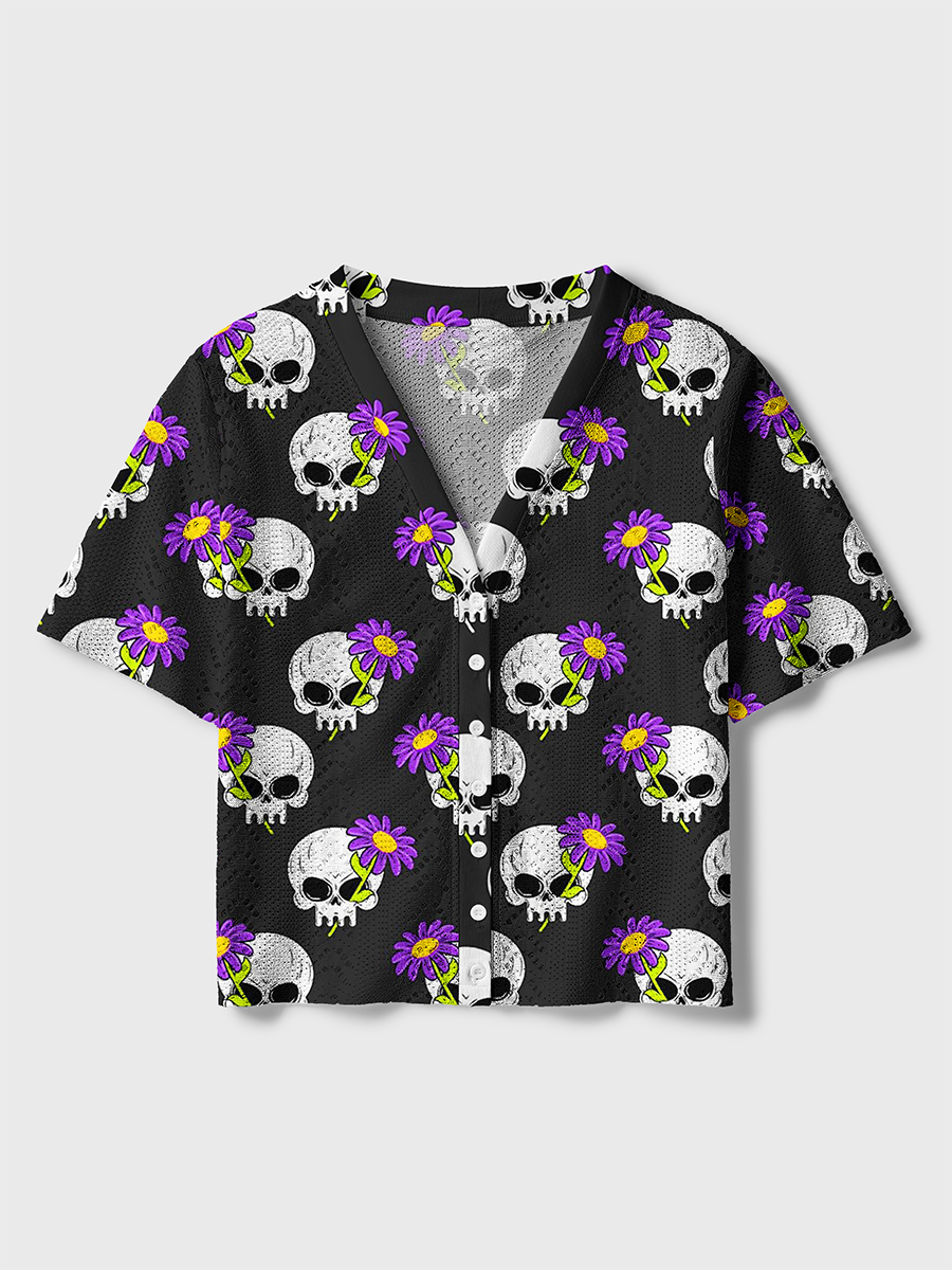 Minimal Gothic Grunge Floral Line Art Crochet Button Down Cardigan