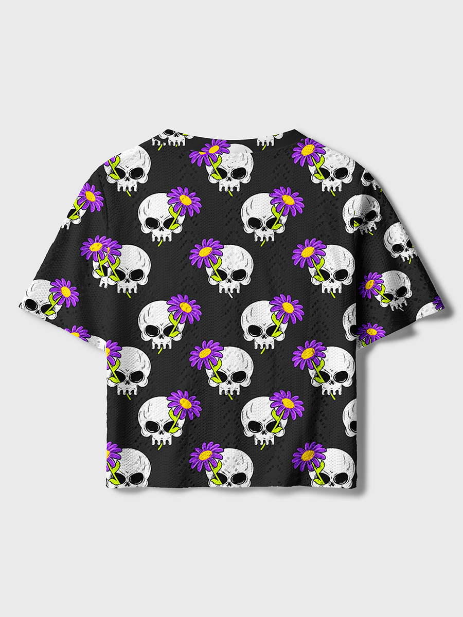 Minimal Gothic Grunge Floral Line Art Crochet Button Down Cardigan