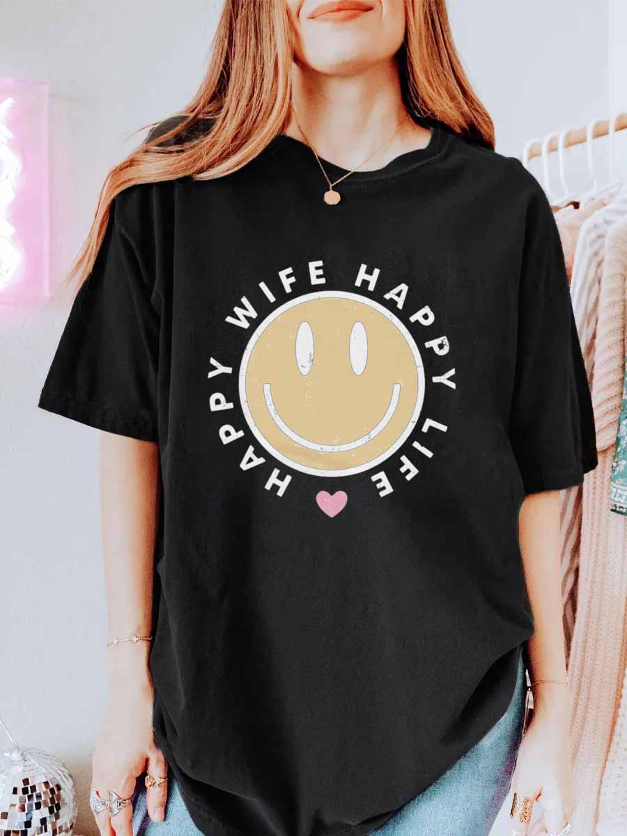 Vintage Happy Wife Happy Life Oversize Graphic Tee