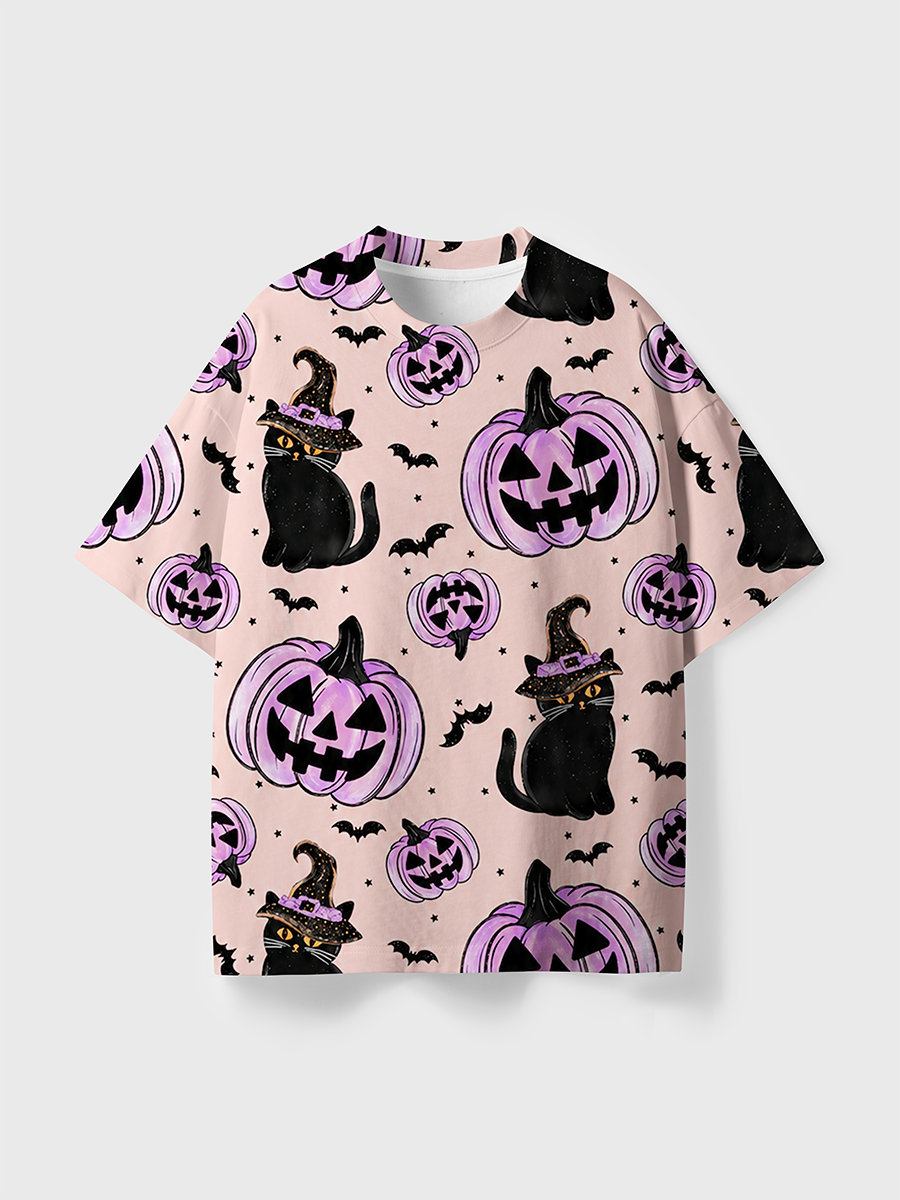 Vintage Pumpkin Witch Black Cat All Over Print T-Shirt