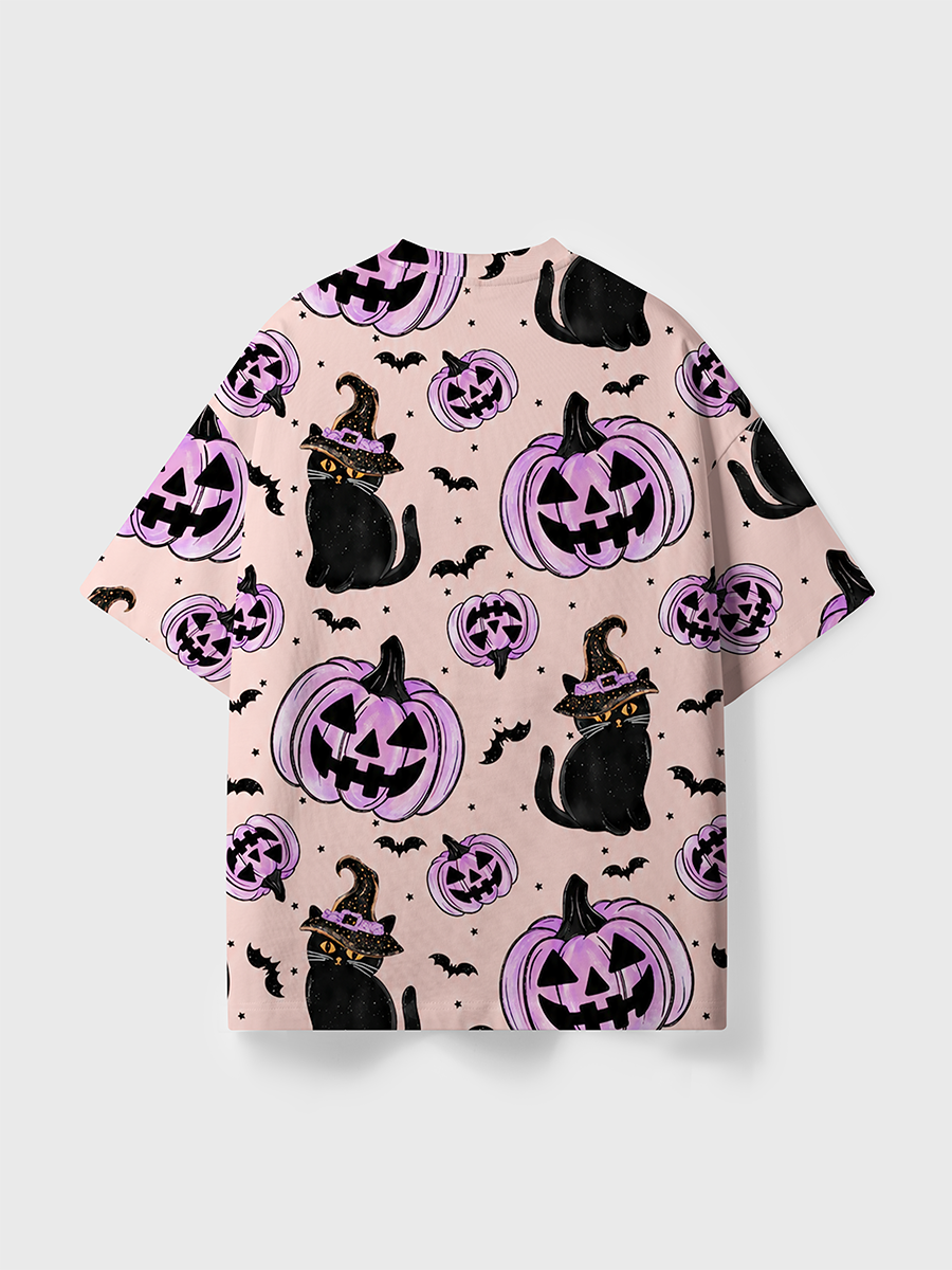 Vintage Pumpkin Witch Black Cat All Over Print T-Shirt