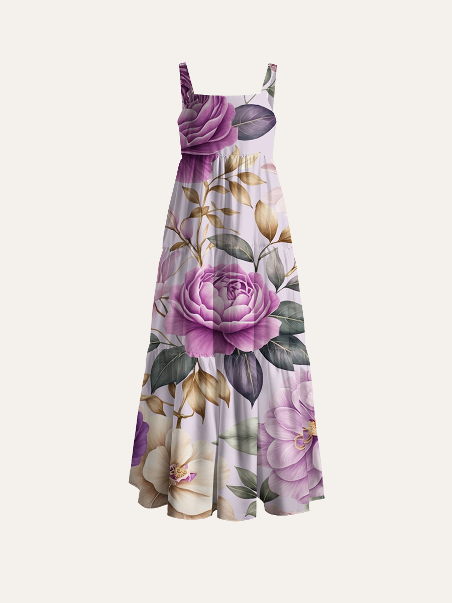 Soft Lavender Botanical Peony Adjustable Wide Straps Maxi Dress