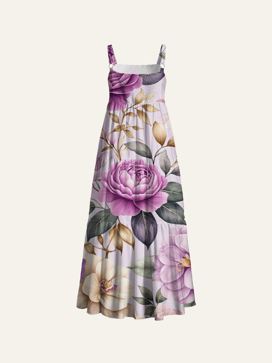 Soft Lavender Botanical Peony Adjustable Wide Straps Maxi Dress