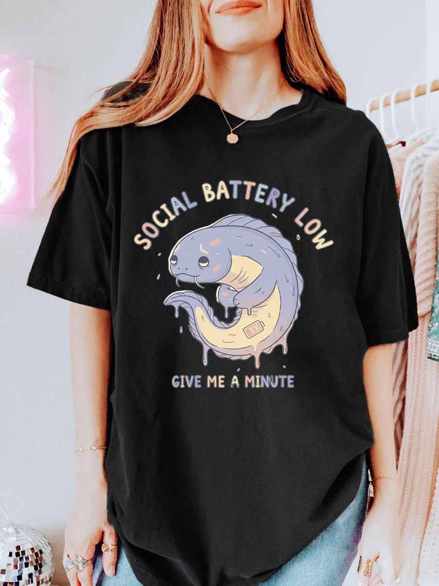 Vintage "Social Battery Low” “Give Me A Minute" Oversize Graphic Tee