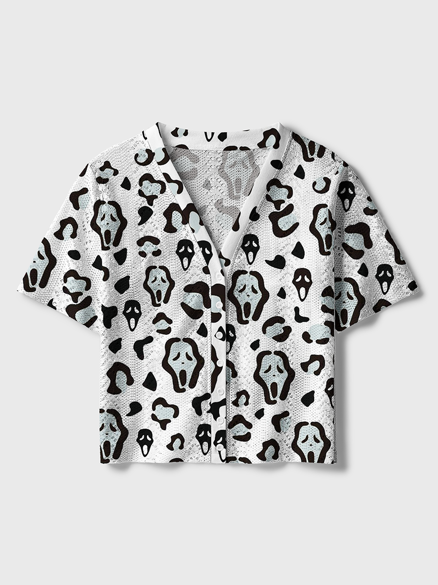 Leopard Scream Ghostface Mixed Crochet Button Down Cardigan
