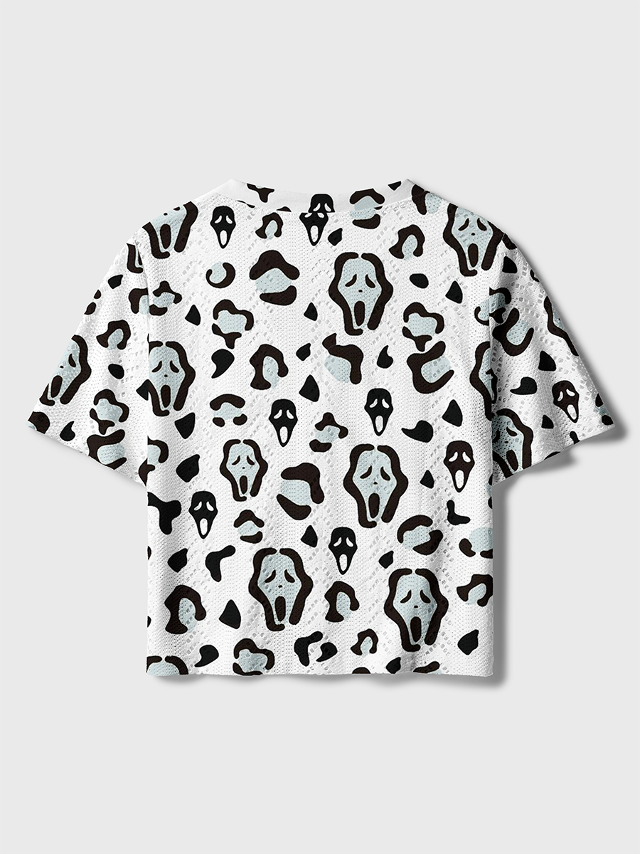 Leopard Scream Ghostface Mixed Crochet Button Down Cardigan