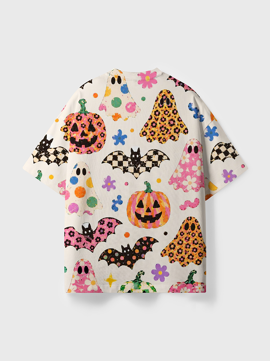 Vintage Retro Boho Doodle Ghost Pumpkin Bat Halloween  All Over Print T-Shirt