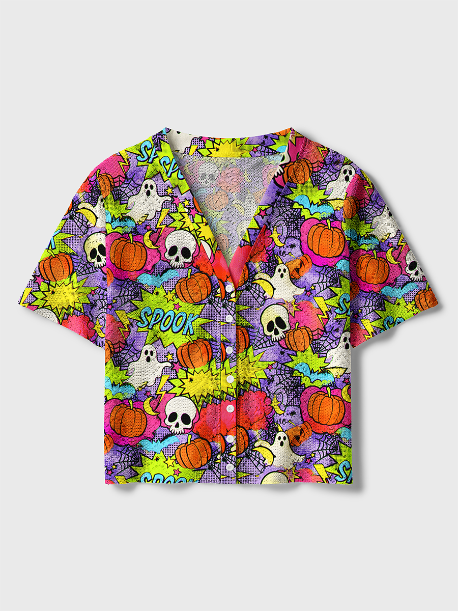 Pop Comic Halloween Ghost Pumpkin SPOOK Word Crochet Button Down Cardigan