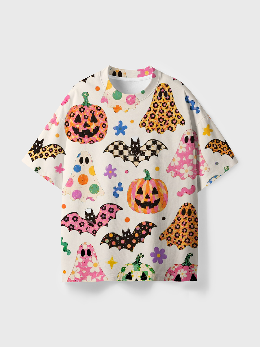 Vintage Retro Boho Doodle Ghost Pumpkin Bat Halloween  All Over Print T-Shirt