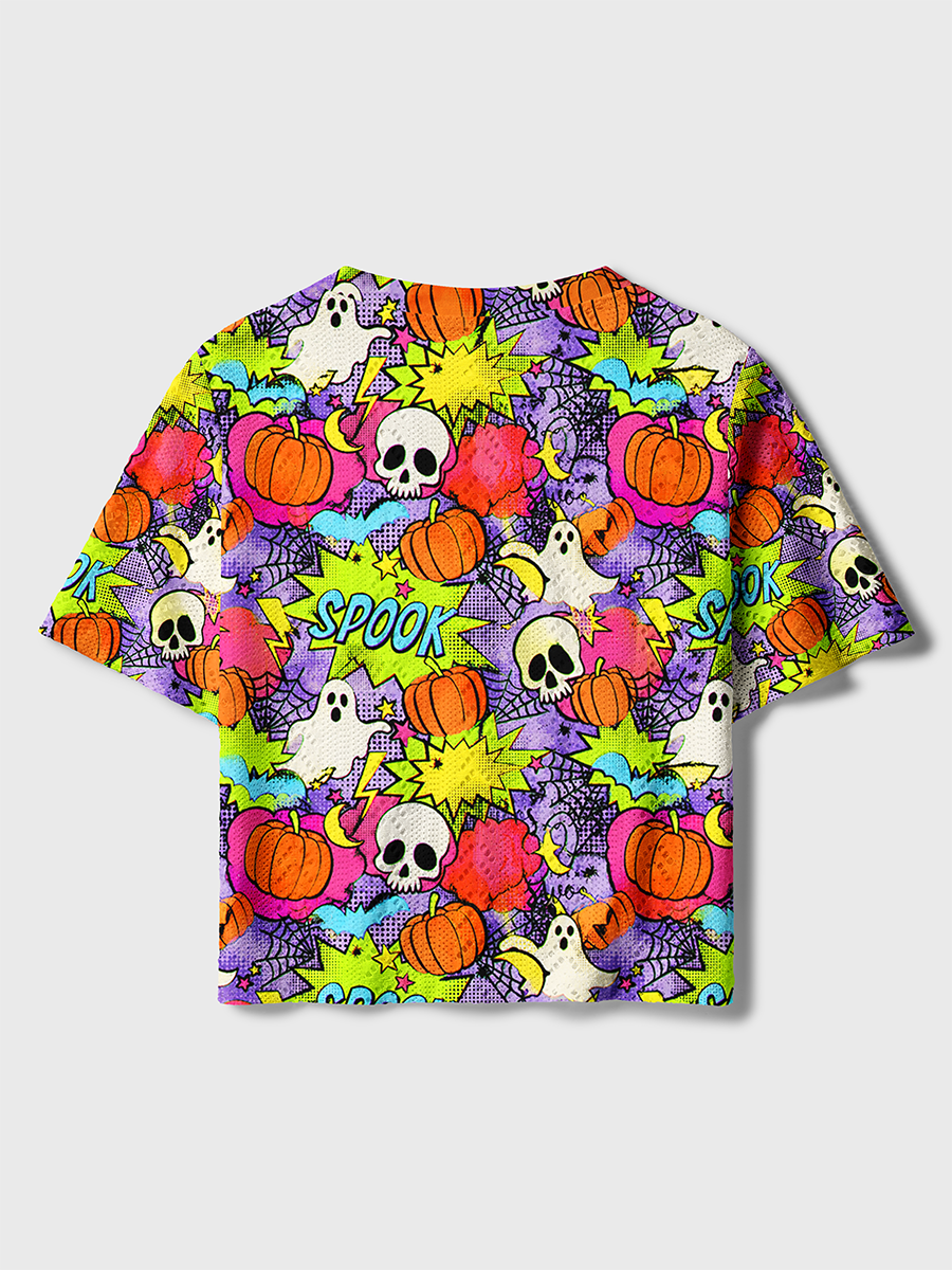 Pop Comic Halloween Ghost Pumpkin SPOOK Word Crochet Button Down Cardigan
