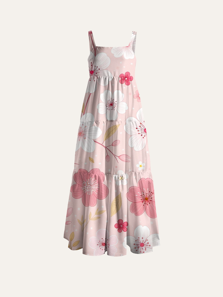 Delicate Spring Blossom Adjustable Wide Straps Maxi Dress
