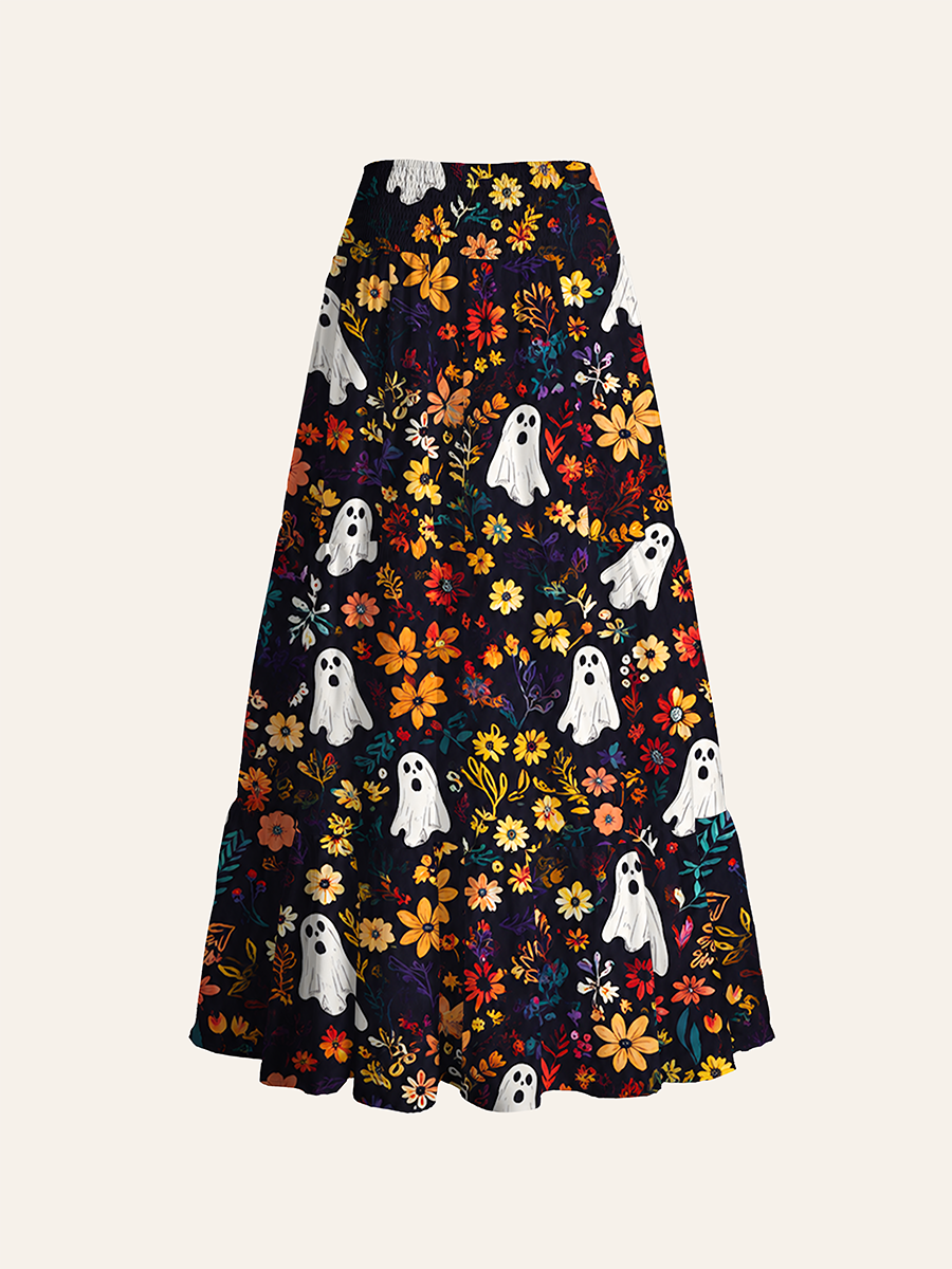 Dark Vintage Bookshelf Floral Ghost Halloween Convertible Maxi Skirts