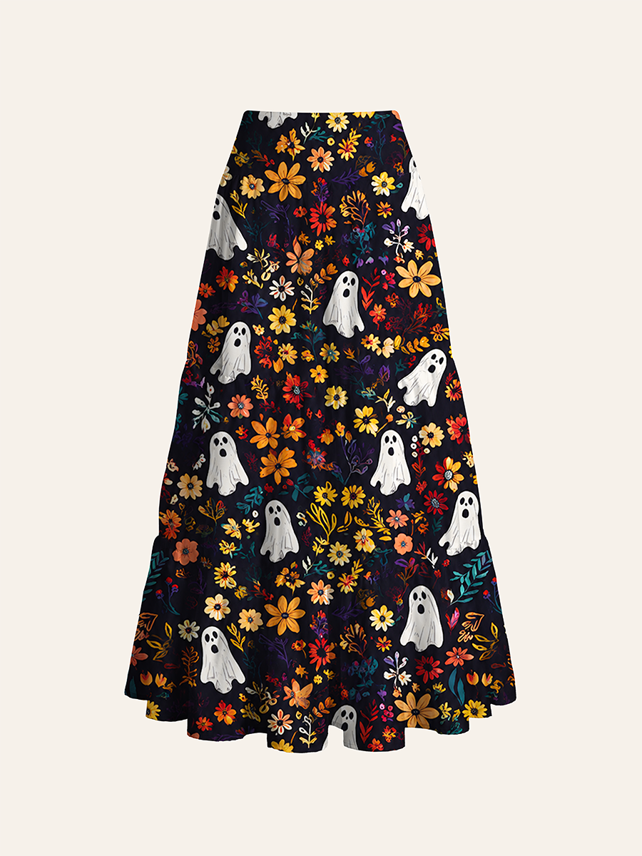 Dark Vintage Bookshelf Floral Ghost Halloween Convertible Maxi Skirts