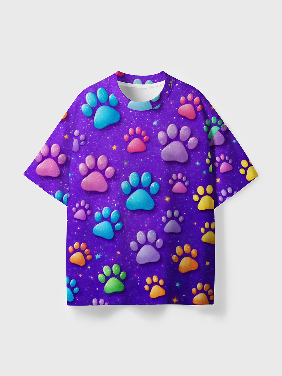Vintage Glitter Pastel 3D Paw Print Kids All Over Print T-Shirt