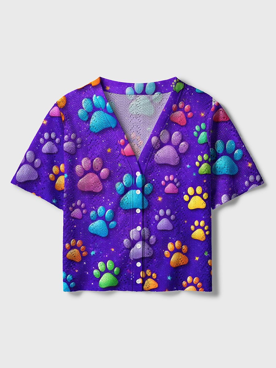 Glitter Pastel 3D Paw Print Kids Crochet Button Down Cardigan