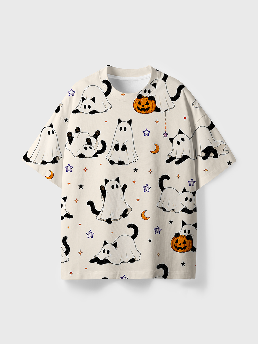 Vintage Ghost Black Cat Pumpkin Halloween All Over Print T-Shirt