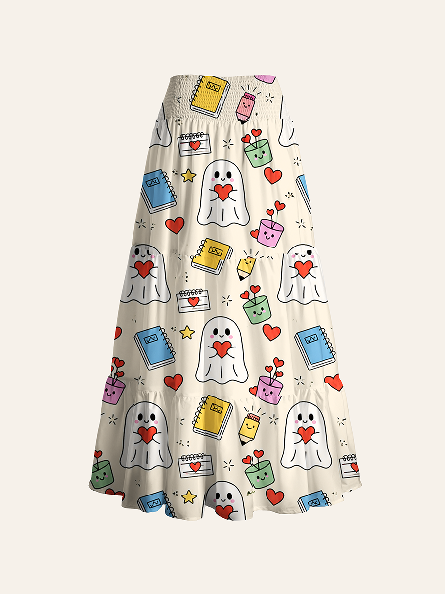 Cream Cute Heart Ghost School Supply Convertible Maxi Skirts