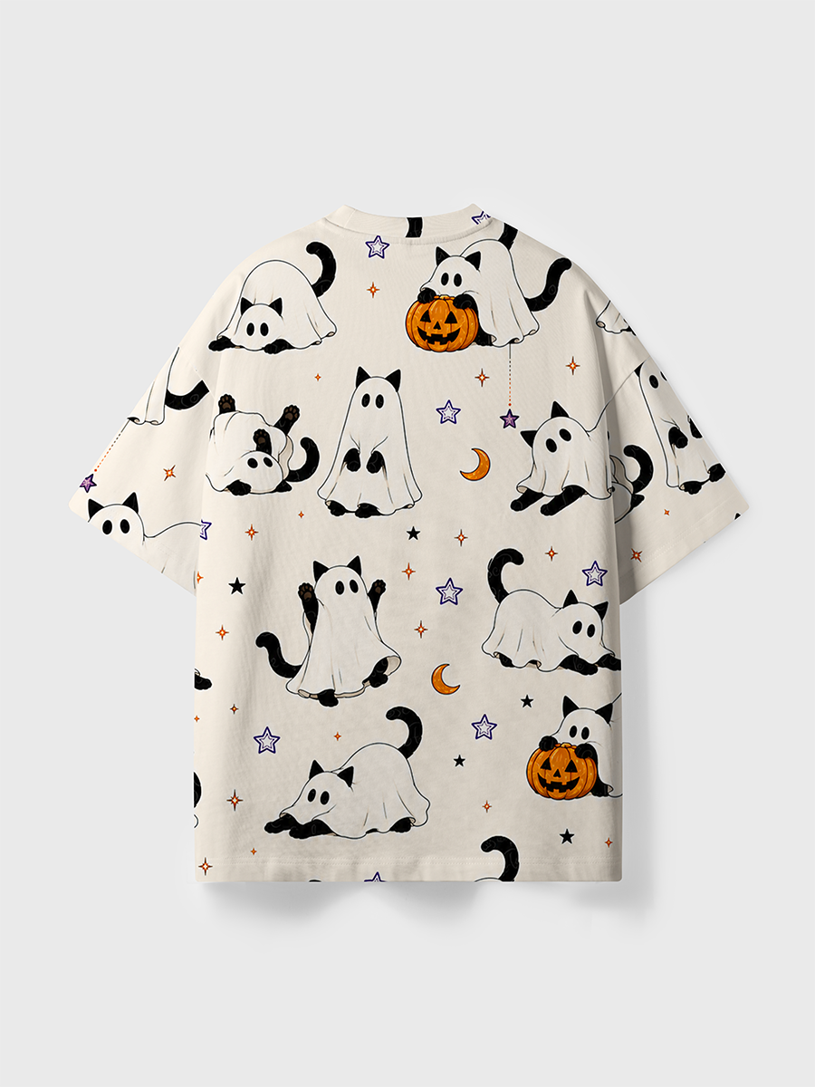 Vintage Ghost Black Cat Pumpkin Halloween All Over Print T-Shirt