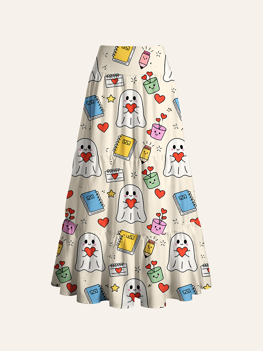 Cream Cute Heart Ghost School Supply Convertible Maxi Skirts