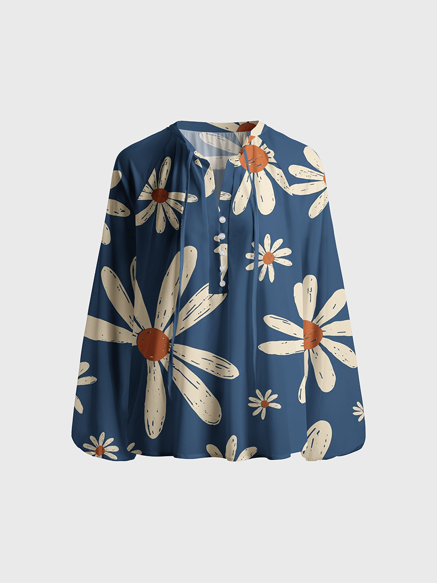 Boho Hand-Drawn Daisy Neck Tie Blouse