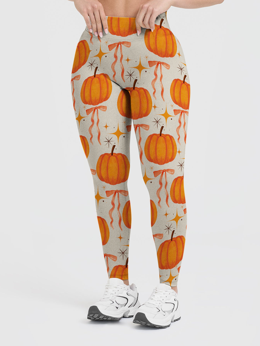 Vintage Watercolor Pumpkin Pink Bow Retro Star Leggings