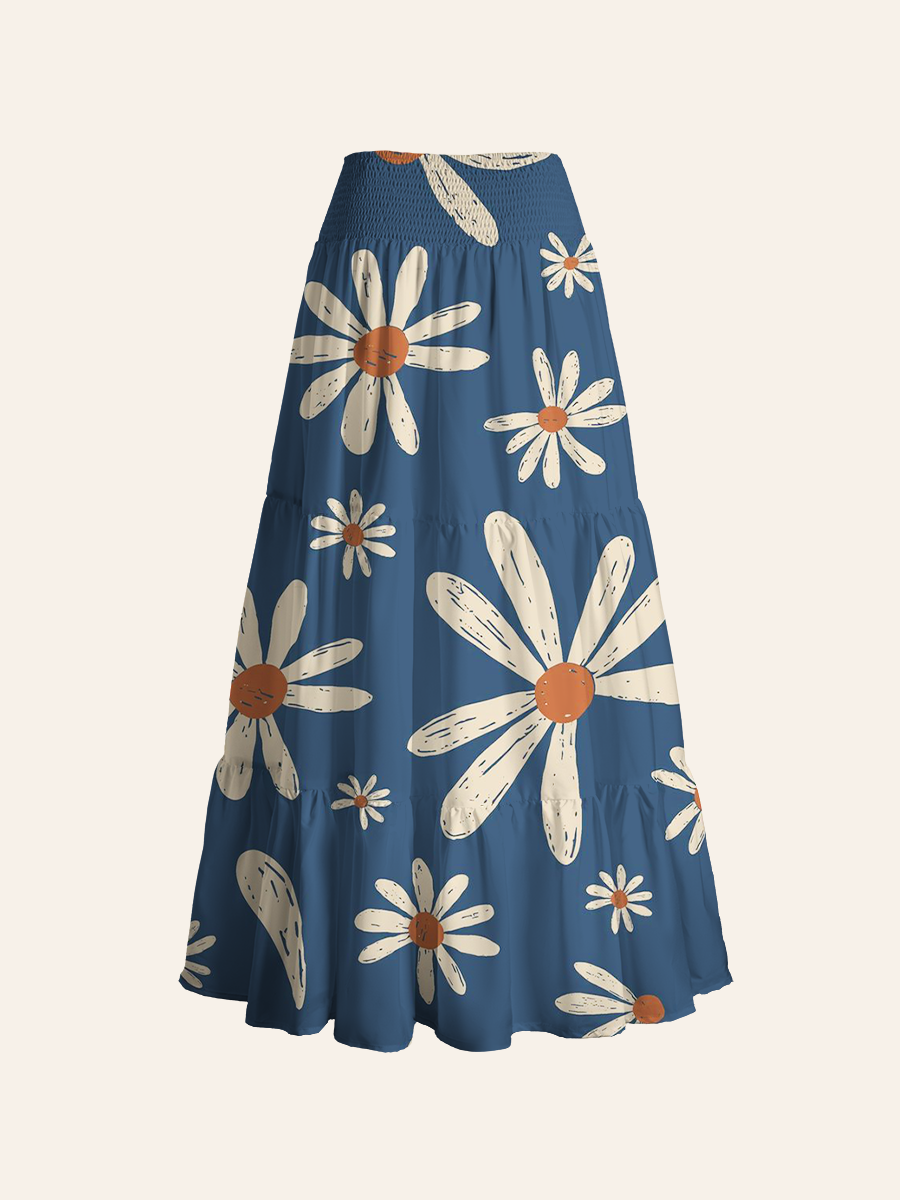 Boho Hand-Drawn Daisy Cake-tier Midi Skirt