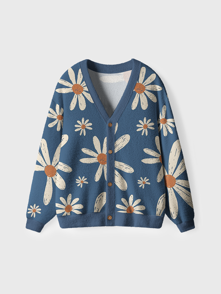 Vintage Boho Hand-Drawn Daisy Cardigan Sweaters