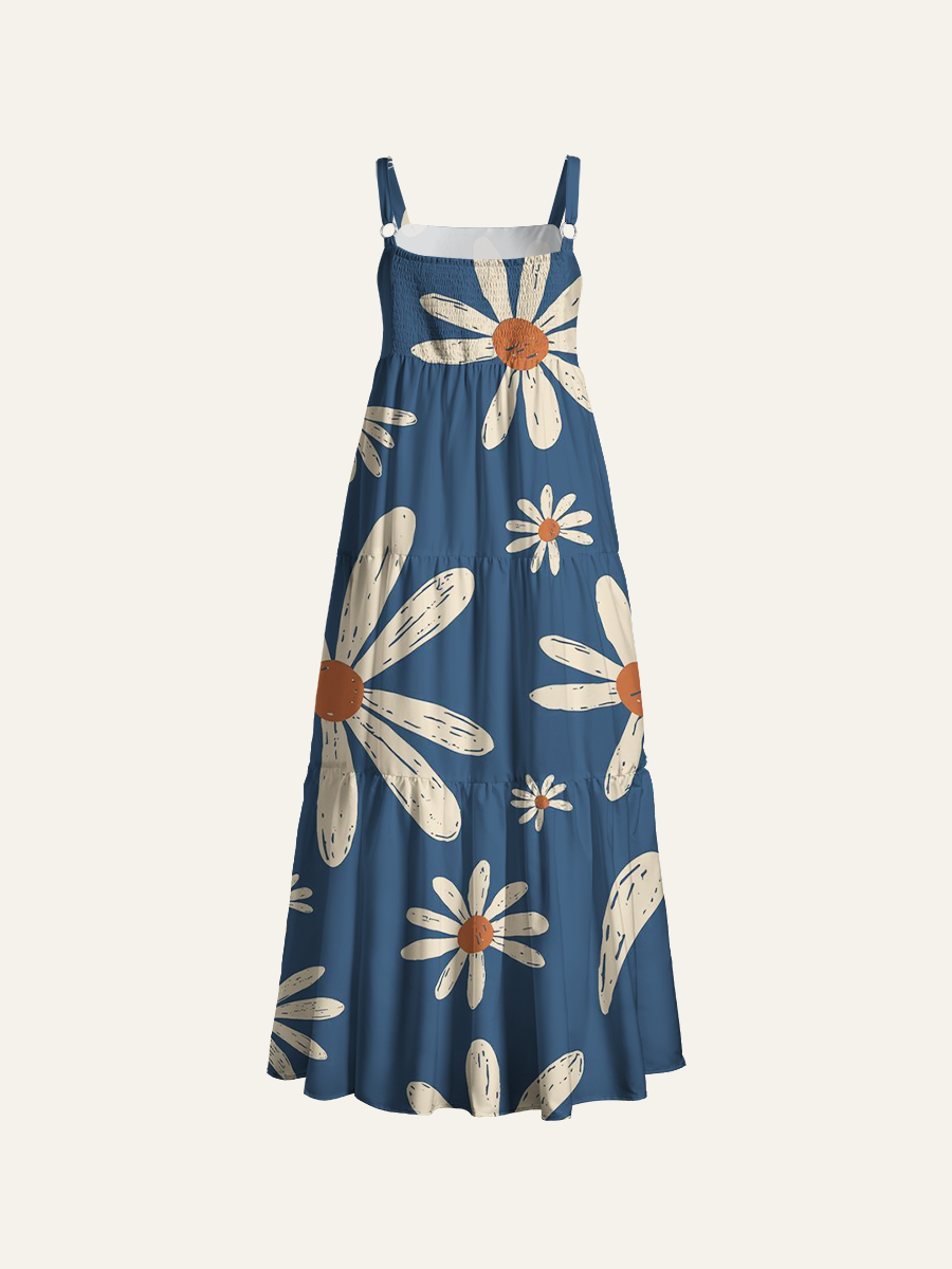 Boho Hand-Drawn Daisy Adjustable Wide Straps Maxi Dress