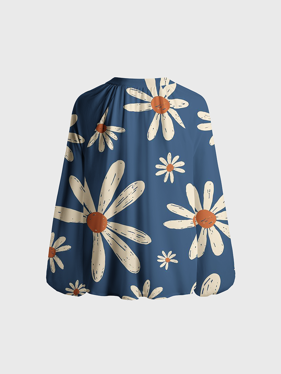 Boho Hand-Drawn Daisy Neck Tie Blouse