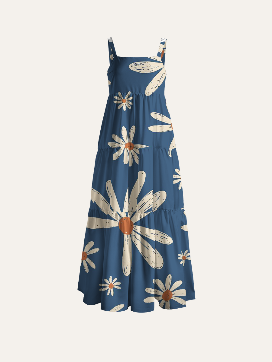 Boho Hand-Drawn Daisy Adjustable Wide Straps Maxi Dress