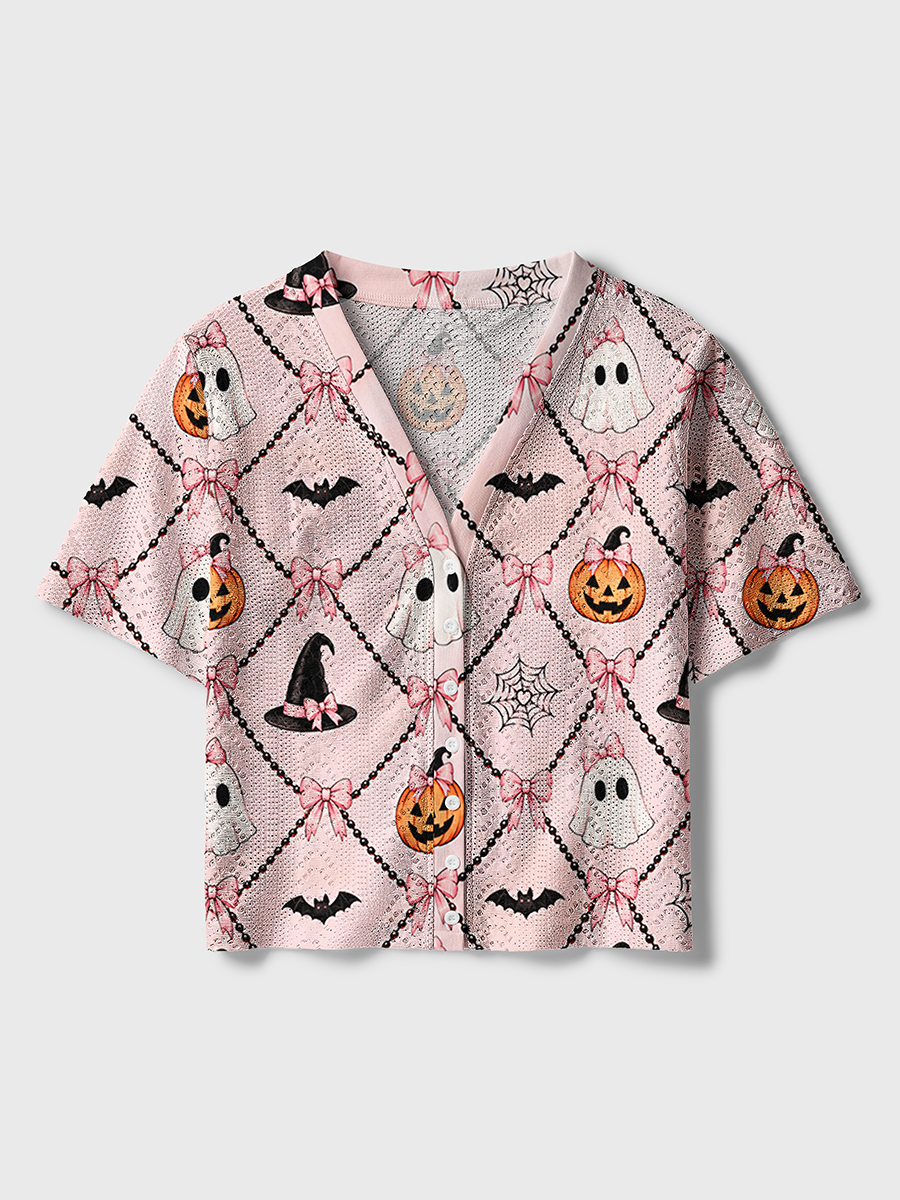 Pink Coquette Halloween Bow Crochet Button Down Cardigan