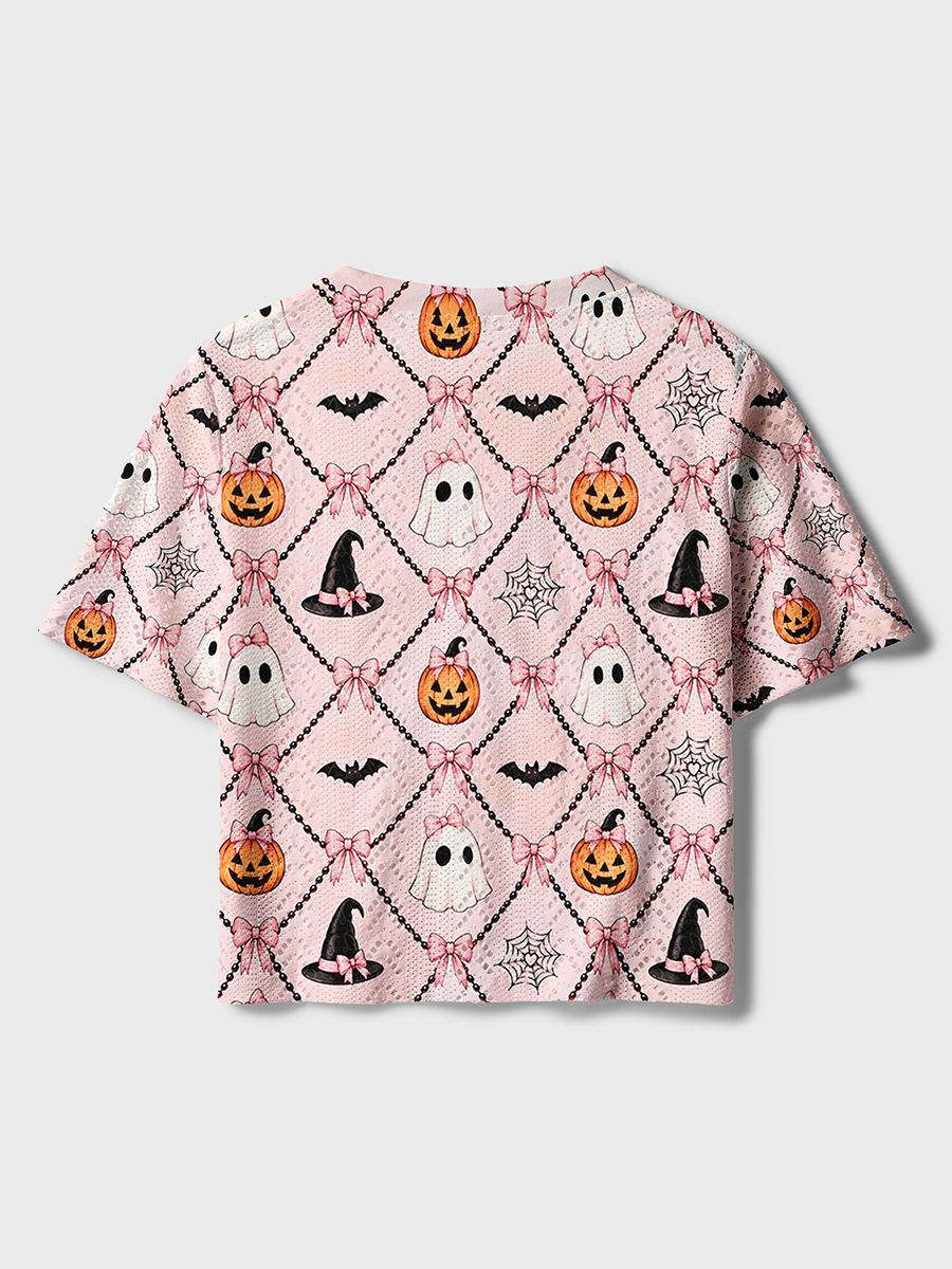 Pink Coquette Halloween Bow Crochet Button Down Cardigan