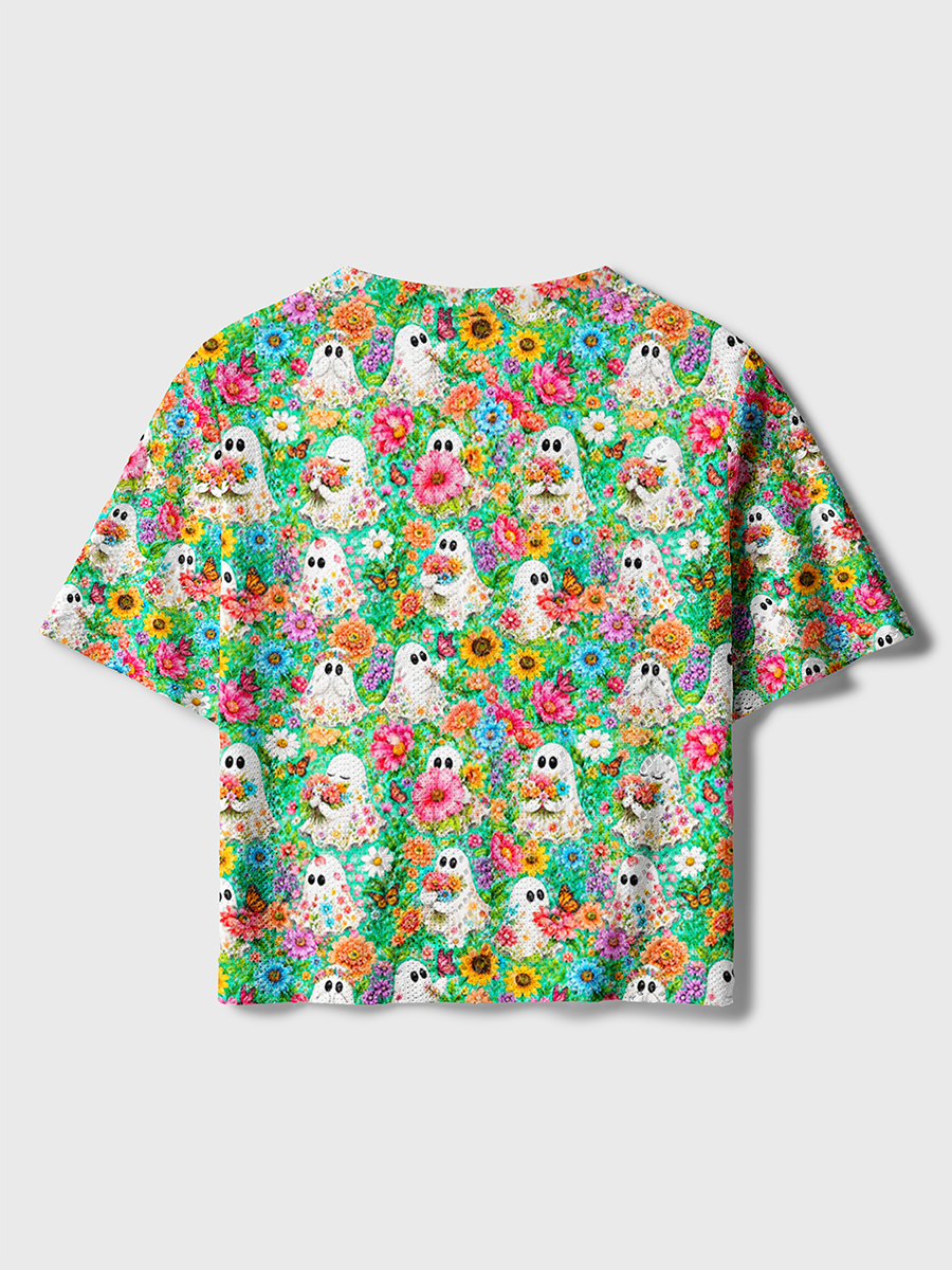 Wildflower Floral Cute Ghost Watercolor Crochet Button Down Cardigan