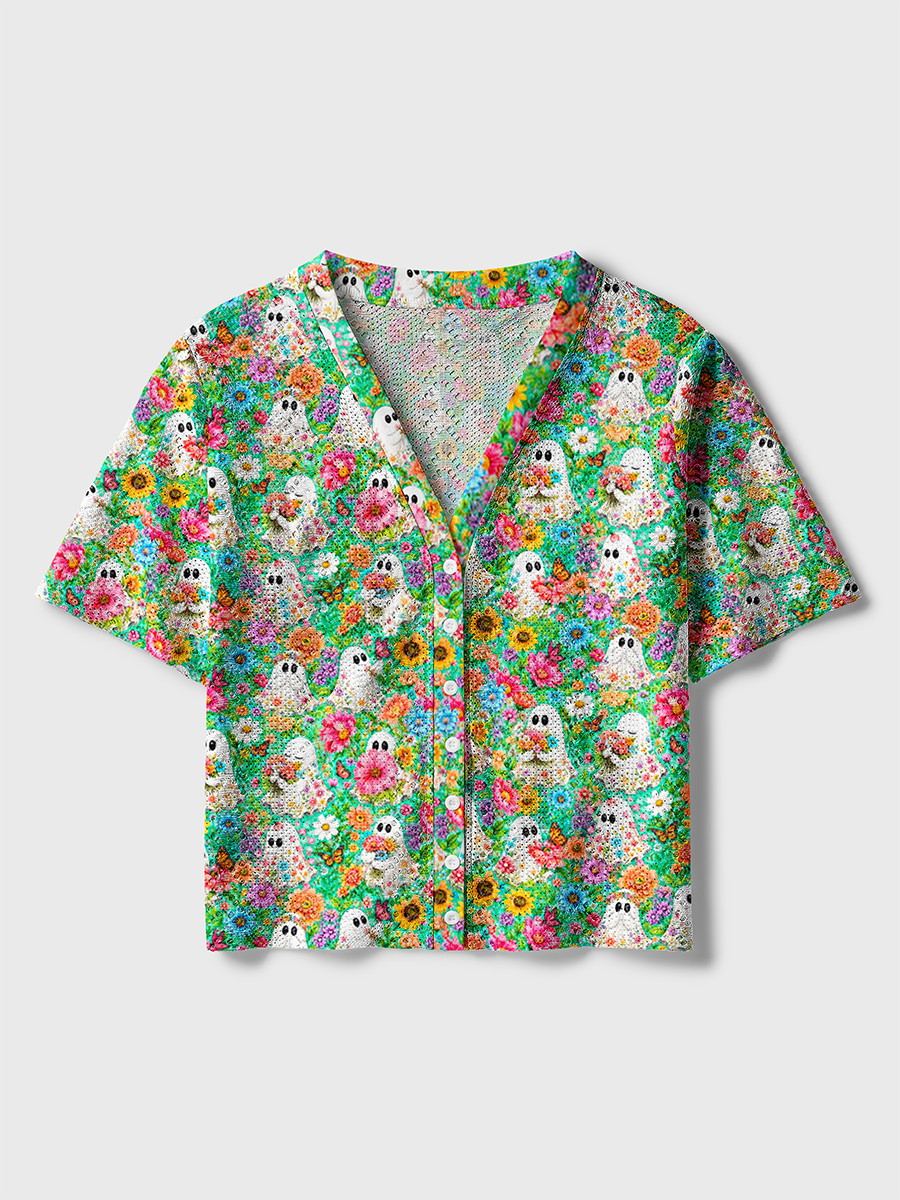 Wildflower Floral Cute Ghost Watercolor Crochet Button Down Cardigan