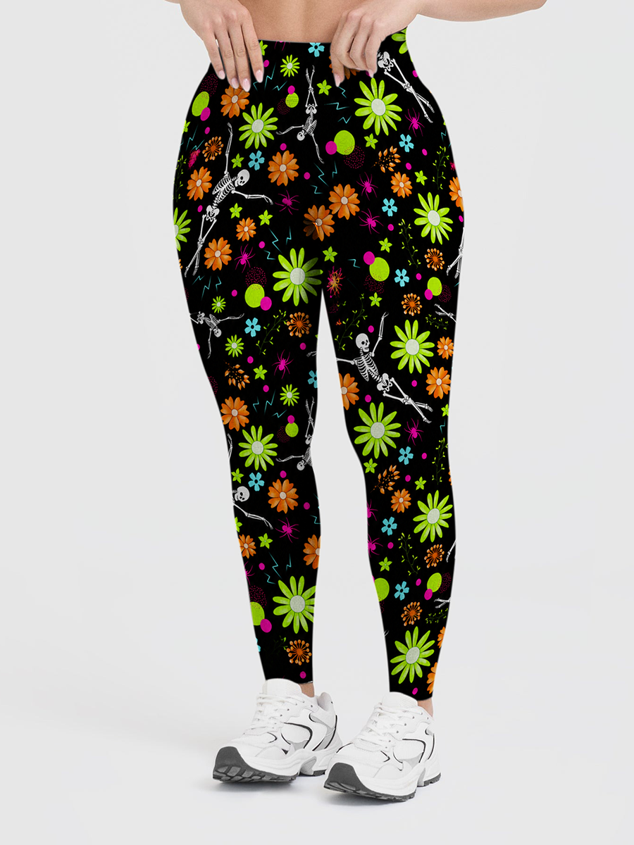 Vintage Dancing Skeleton Neon Retro Flower Halloween Leggings