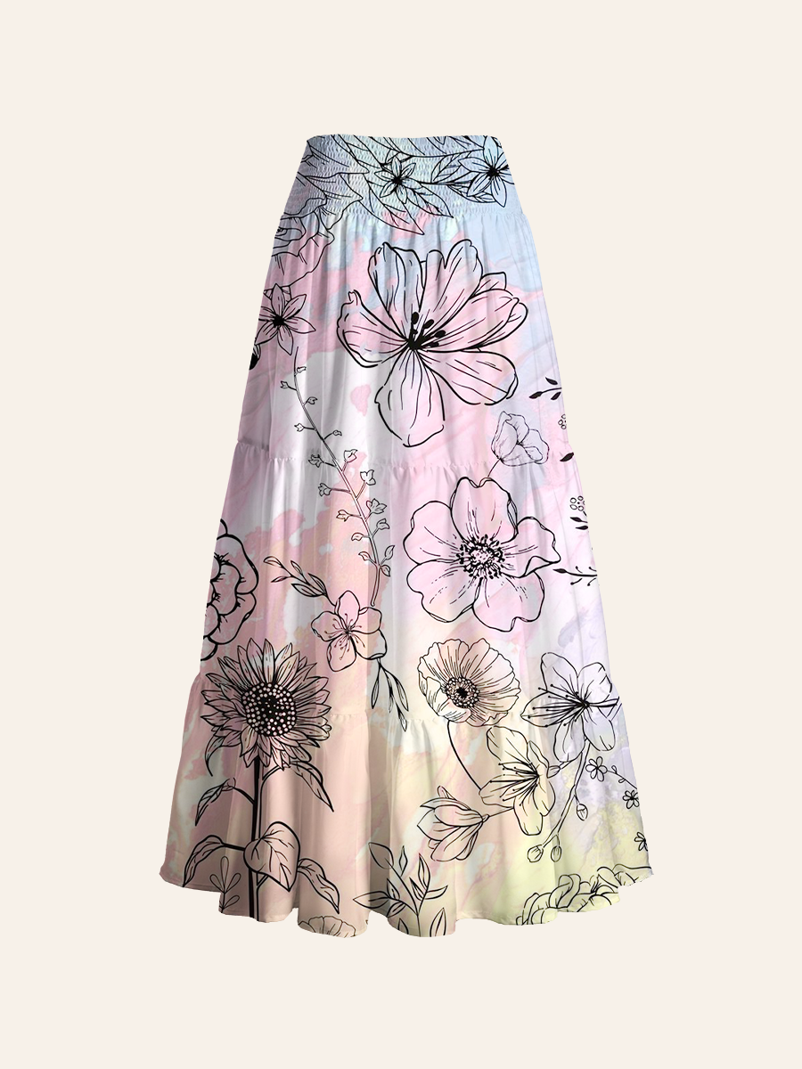 Watercolor Botanical Linework Pattern Cake-tier Midi Skirt
